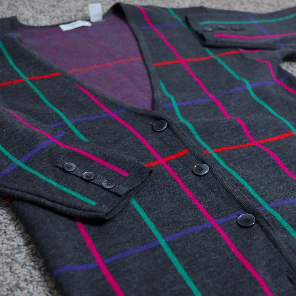 Vintage Liz Claiborne Wool Cashmere Blend Cardigan 80s 90s Plaid Grid Sweater M‎